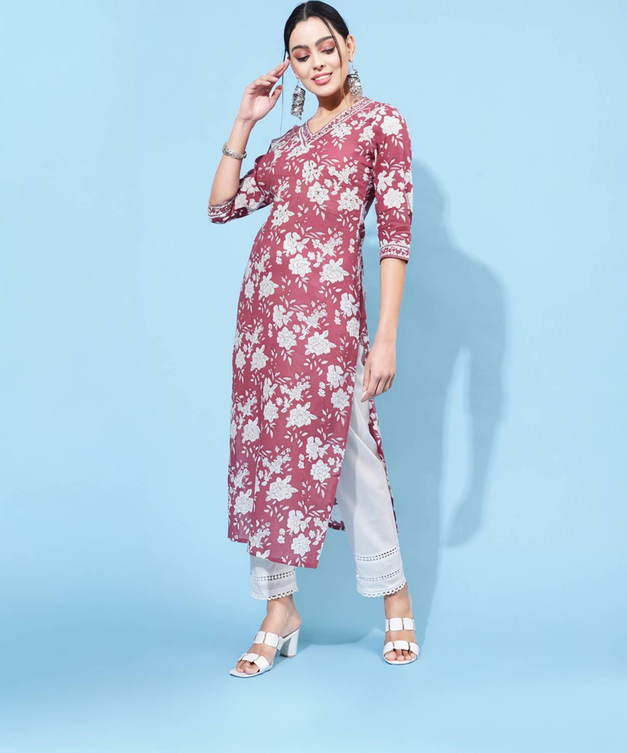 Gulmohar Jaipur Women Printed Pure Cotton Straight Kurta (Maroon)