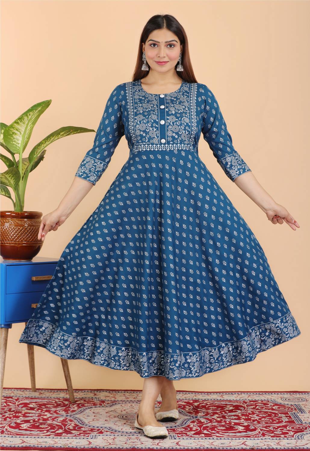 NANERA Women Printed Cotton Rayon Anarkali Kurta (Blue)