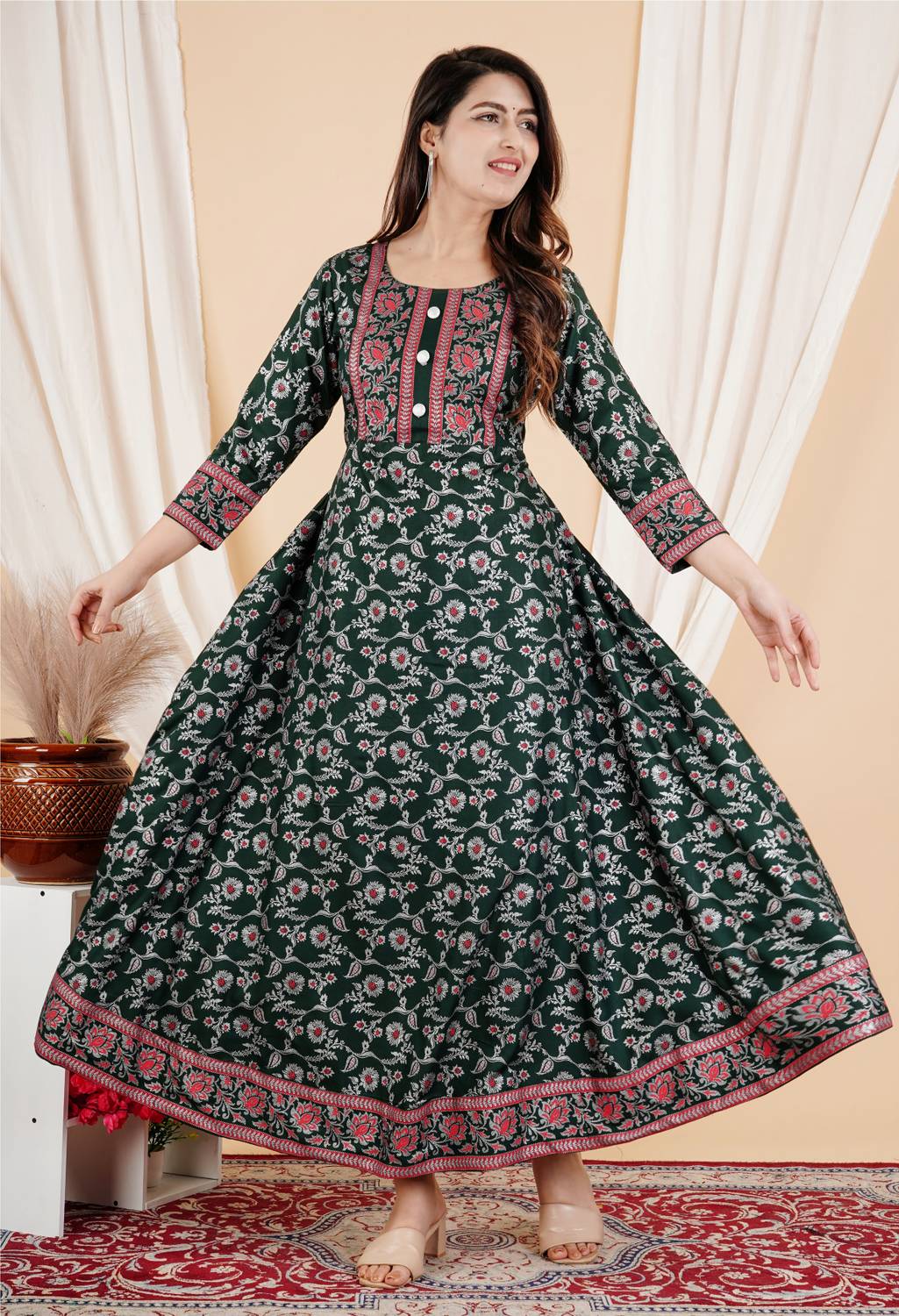 fastal look Women Printed Viscose Rayon Anarkali Kurta (Dark Gree