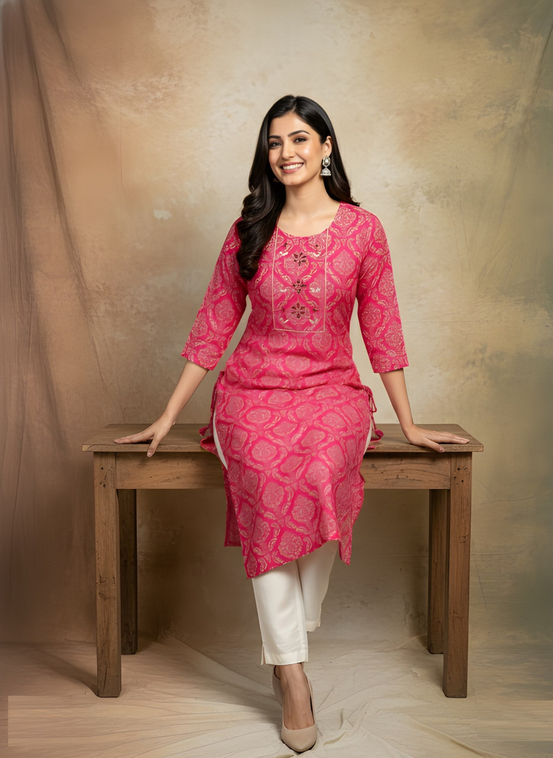 Image of Leeza Store Women Printed, Geometric Print, Embellished, Embroidered Straight Kurta