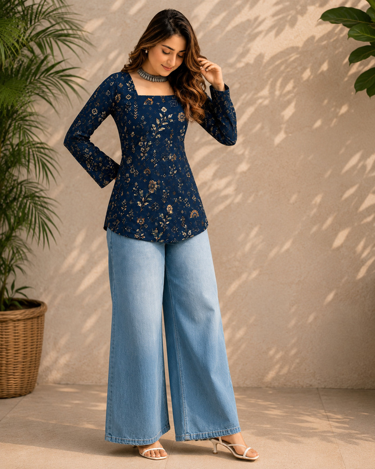 Image of folkflair Floral Print Viscose Rayon Tunic Kurta for Women (Light Blue)