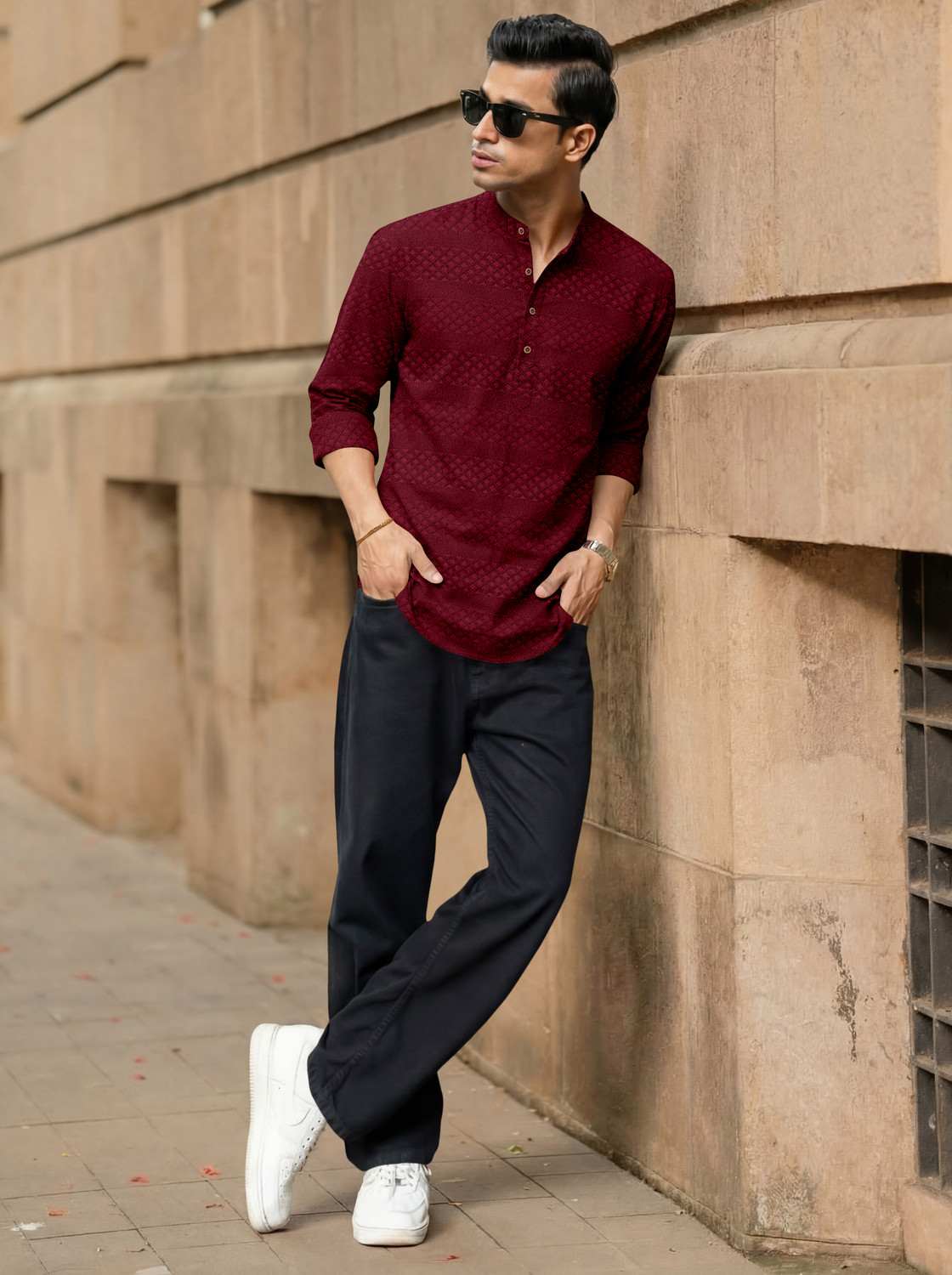 Image of VELLOSTA Men Self Design Straight Kurta