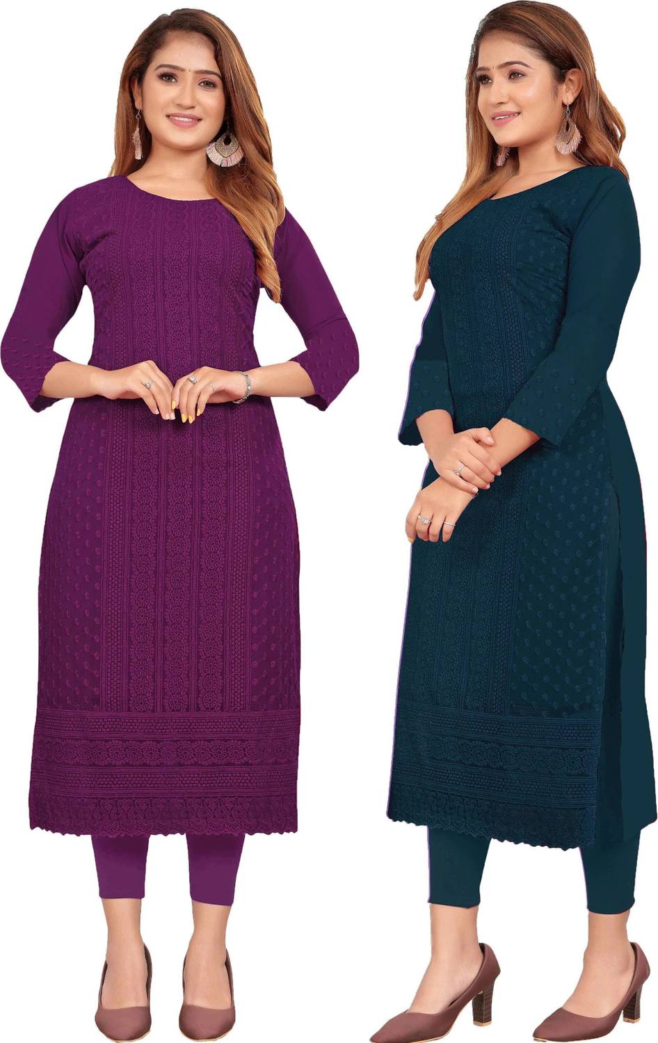 KAYRAAH Pack of 2 Women Chikan Embroidery Georgette Straight Kurt