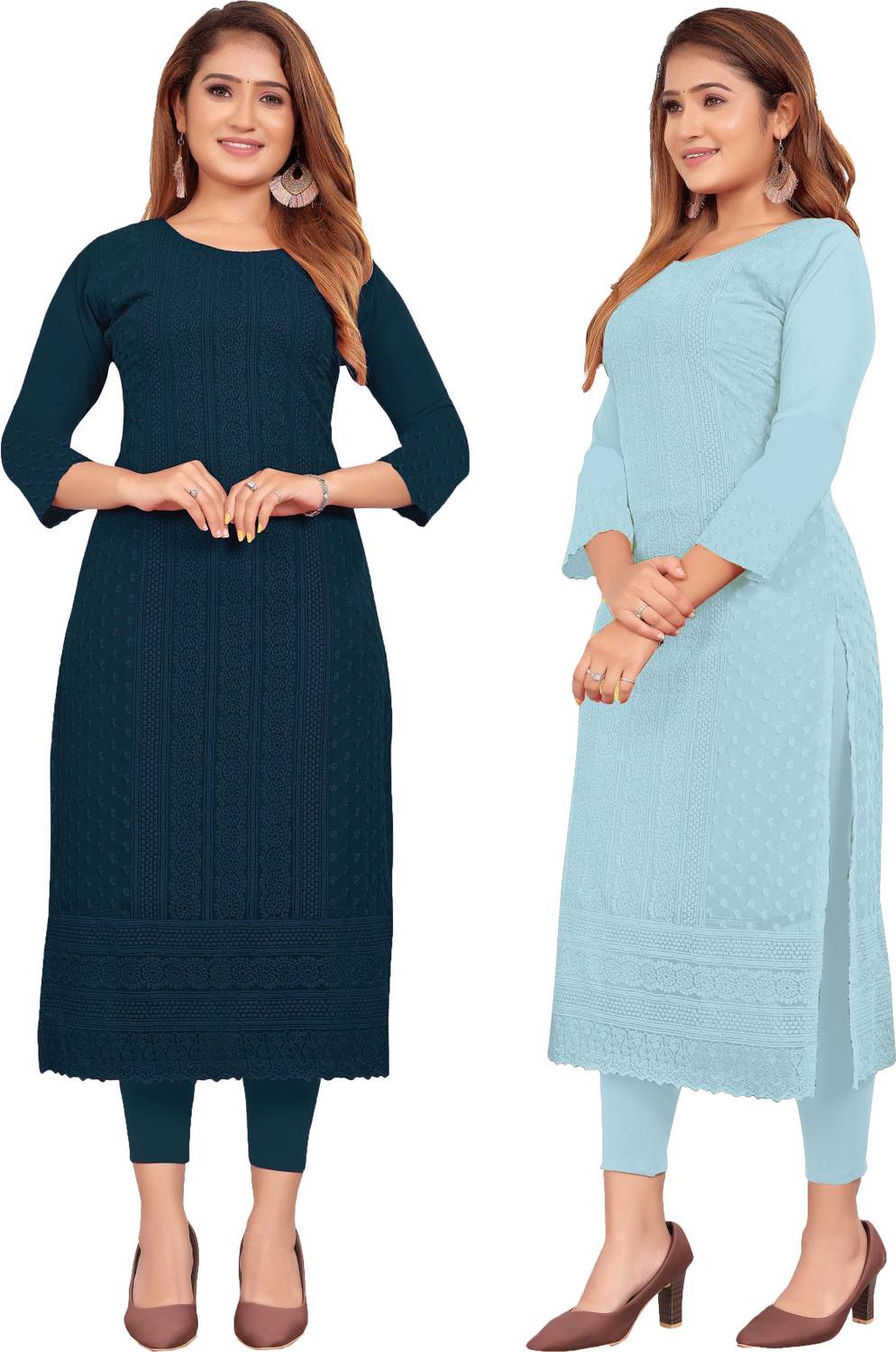 KAYRAAH Pack of 2 Women Chikan Embroidery Georgette Straight Kurt