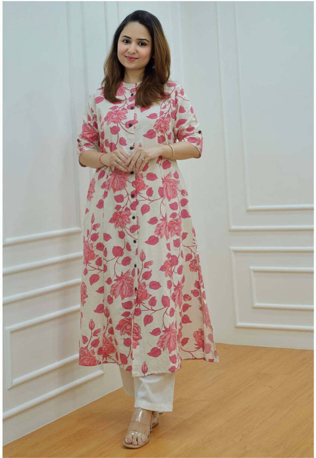G Bluxe Women Printed Pure Cotton A-line Kurta (Pink, White)