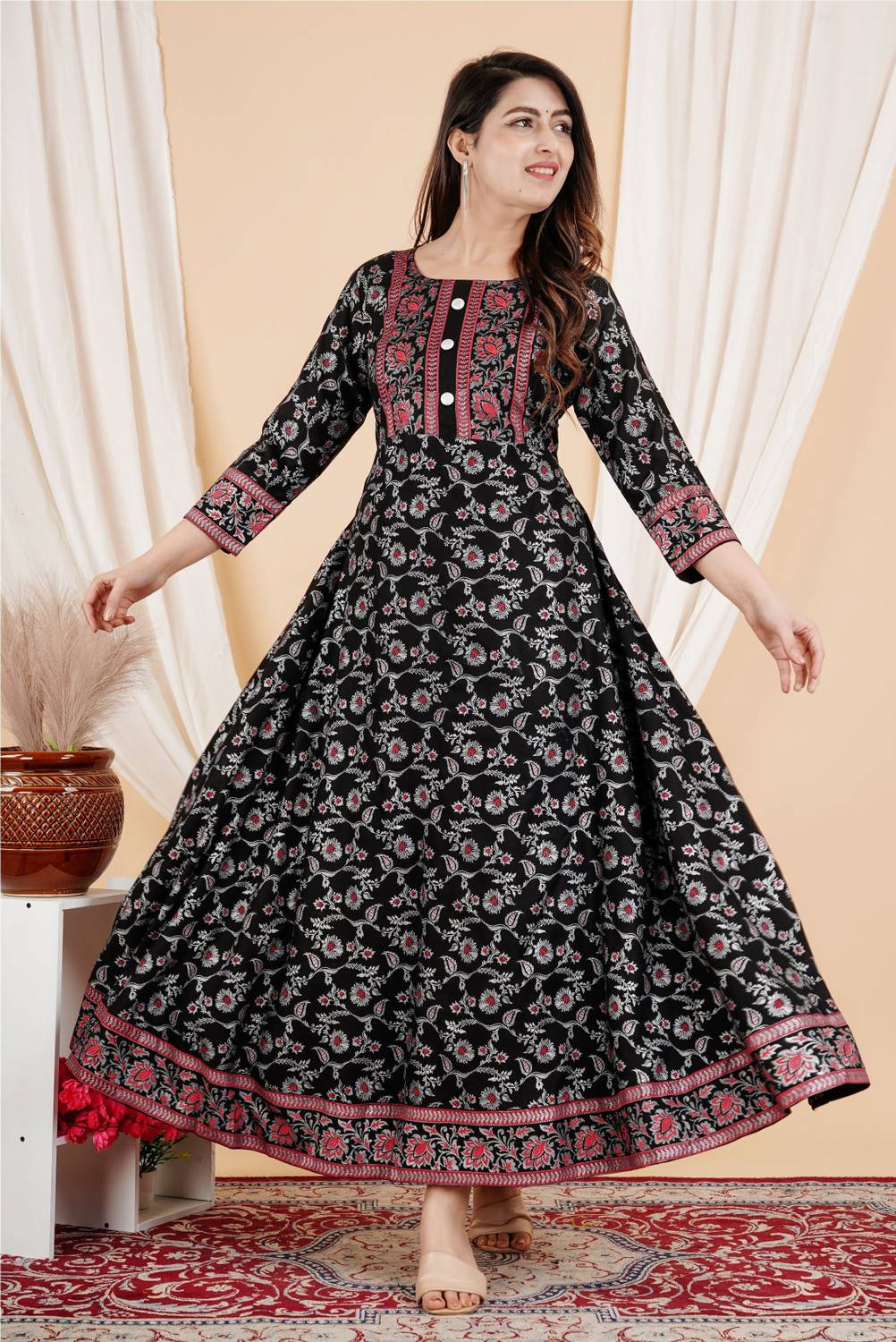 fastal look Women Printed Viscose Rayon Anarkali Kurta (Black, Re