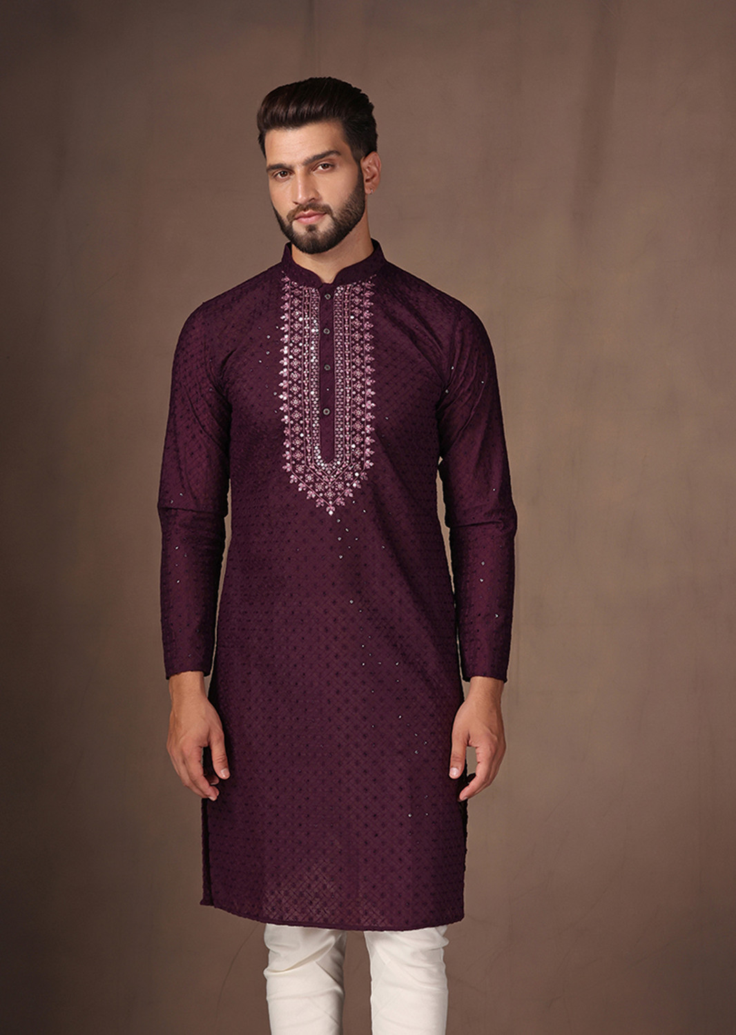 Image of Kisah Embellished Cotton Blend Straight Kurta for Men (Maroon)