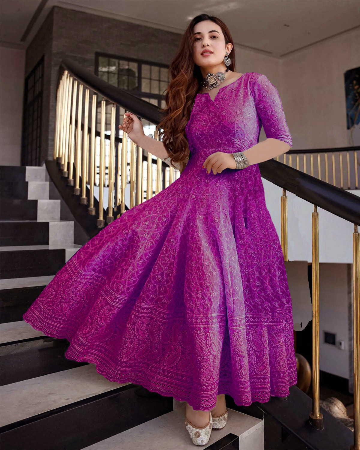 KAYRAAH Women Chikan Embroidery Anarkali Kurta