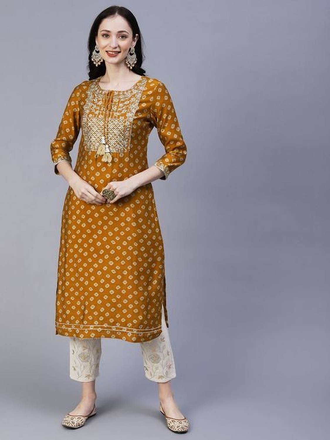 Deepyog Women Printed Viscose Rayon Straight Kurta (Yellow)
