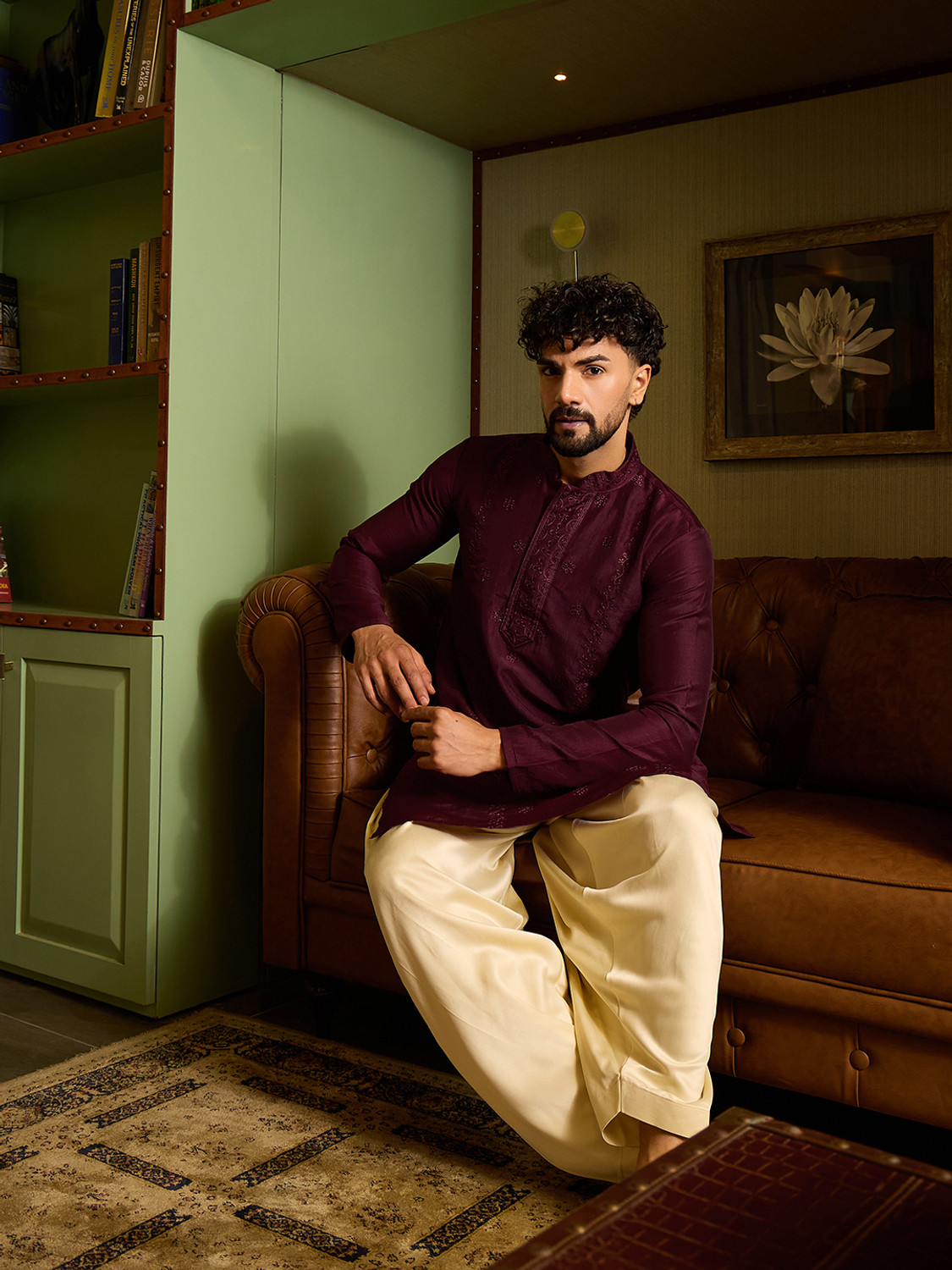 Image of CHHAAP Embroidered Silk Blend Straight Kurta for Men (Maroon)