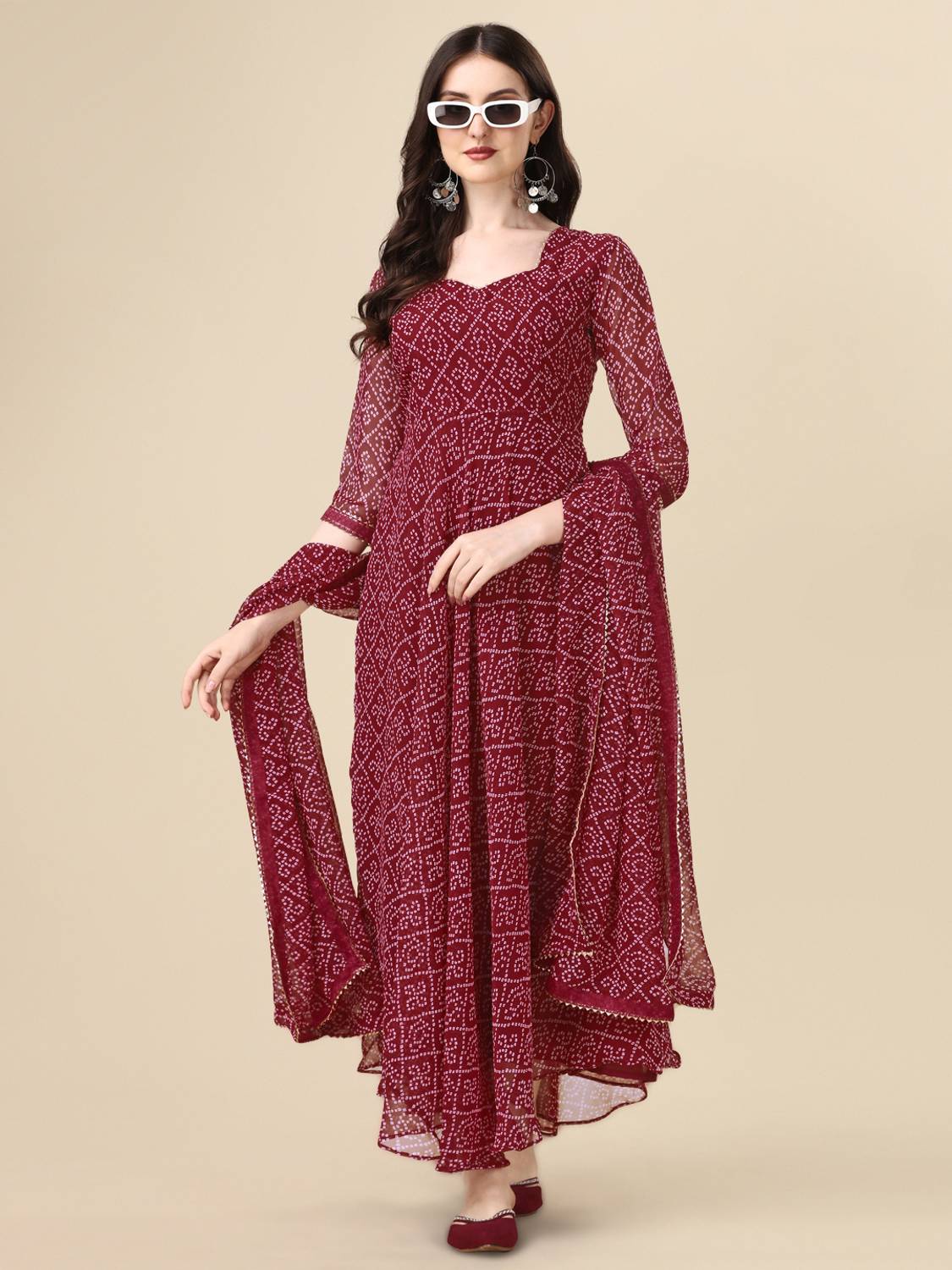 PMD Fashion Women Bandhani Georgette Anarkali Kurta With Attached