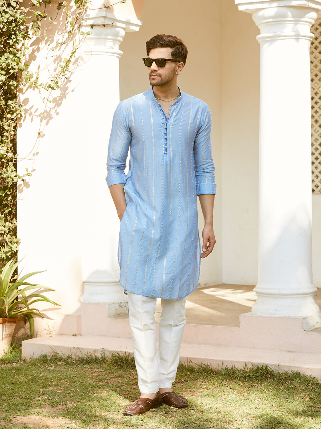 Image of See Designs Striped Pure Cotton Straight Kurta for Men (Blue)