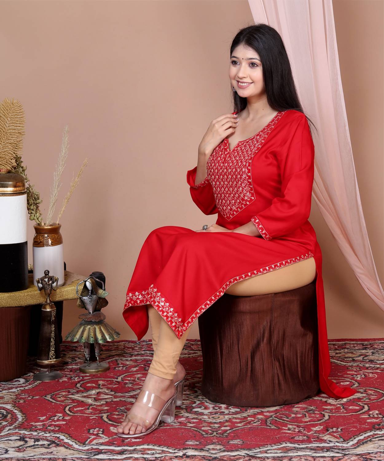 his&her Women Embroidered Viscose Rayon Straight Kurta (Red)