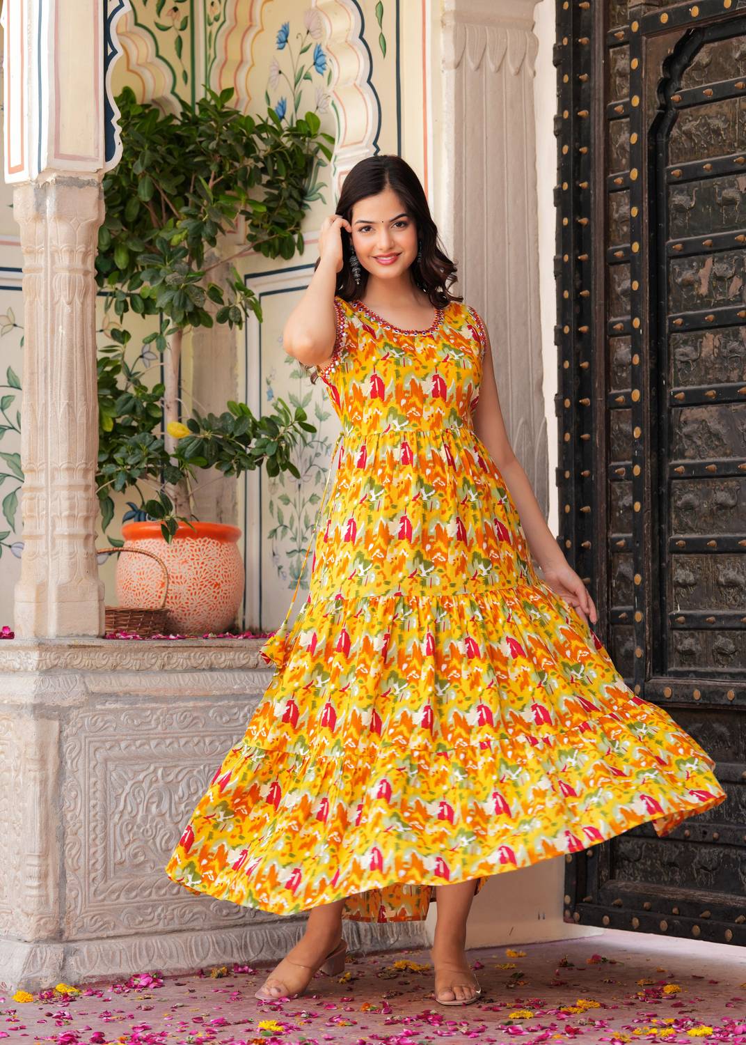 CHARVI CREATION Women Printed Cotton Rayon Flared Kurta (Yellow)