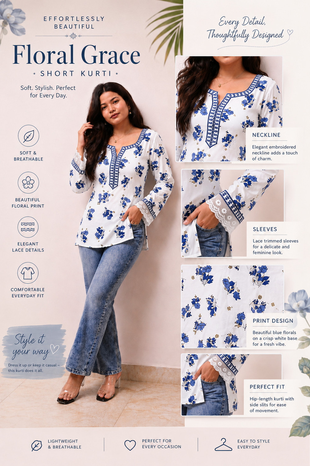 Image of Chafi Collection Women Floral Print Straight Kurta