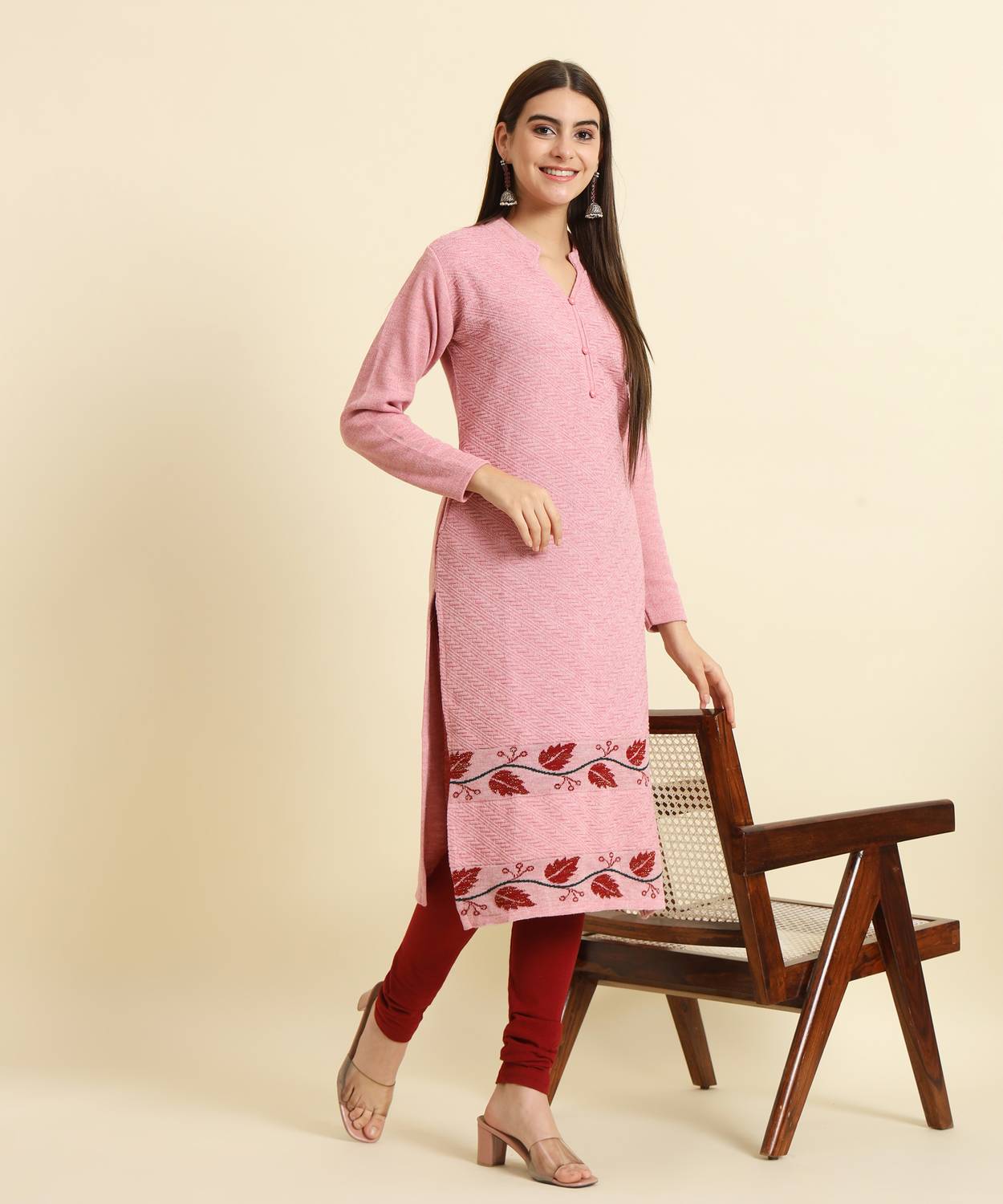 Tracy Women Printed Wool Straight Kurta (Pink)