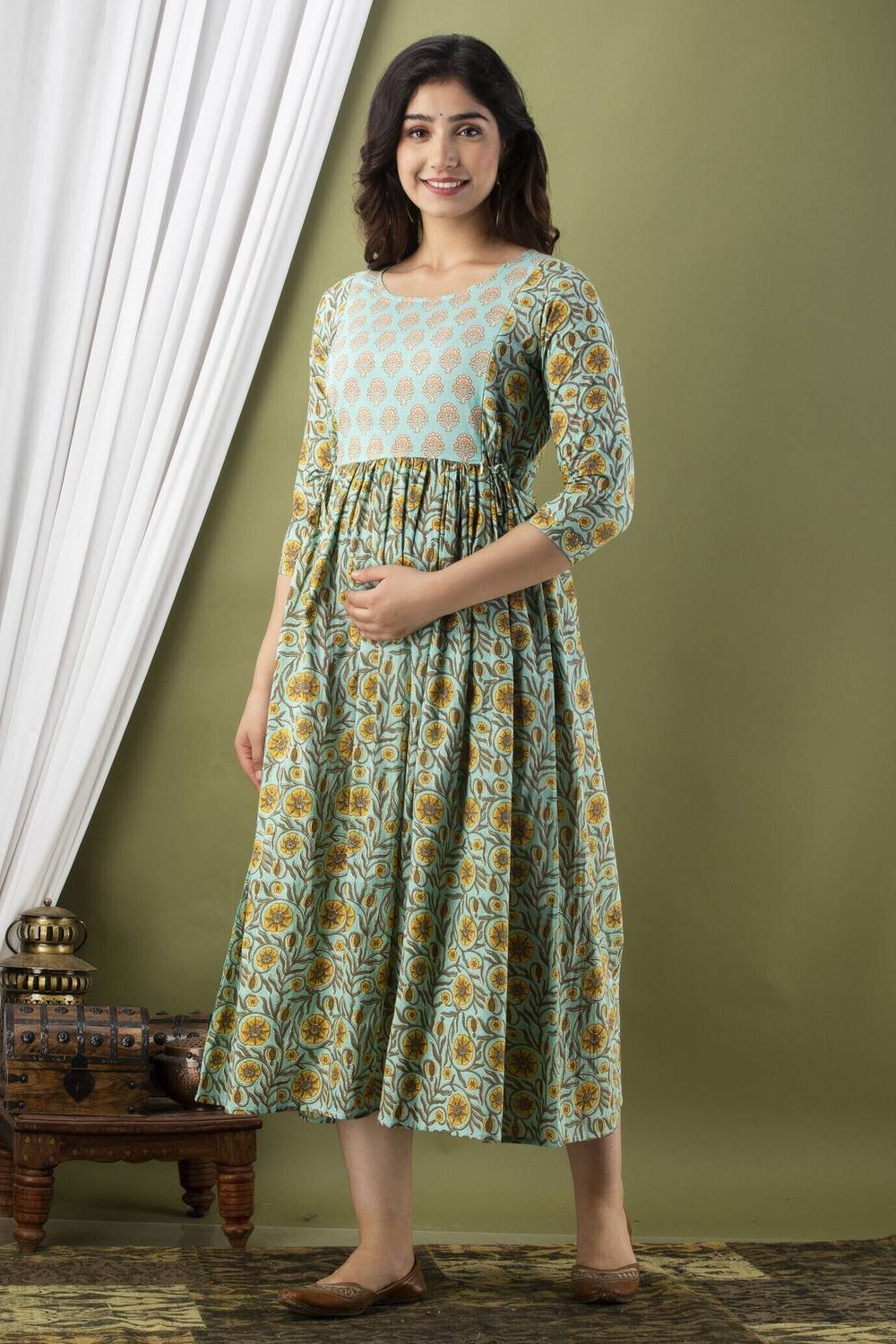 Tulsiram Women Printed Pure Cotton Anarkali Kurta (Light Green)