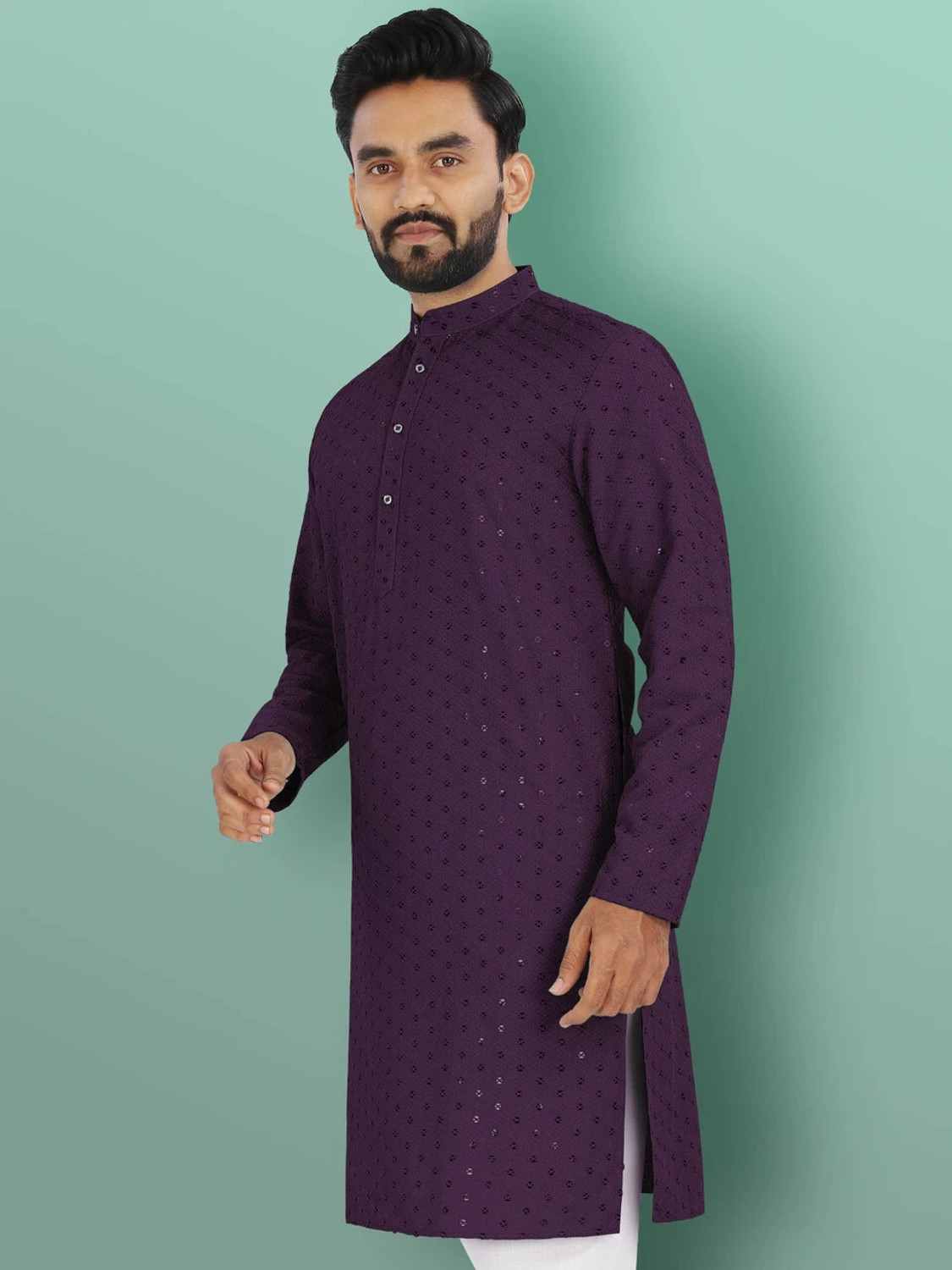 Image of ADHIRAJAN Men Chikan Embroidery Straight Kurta