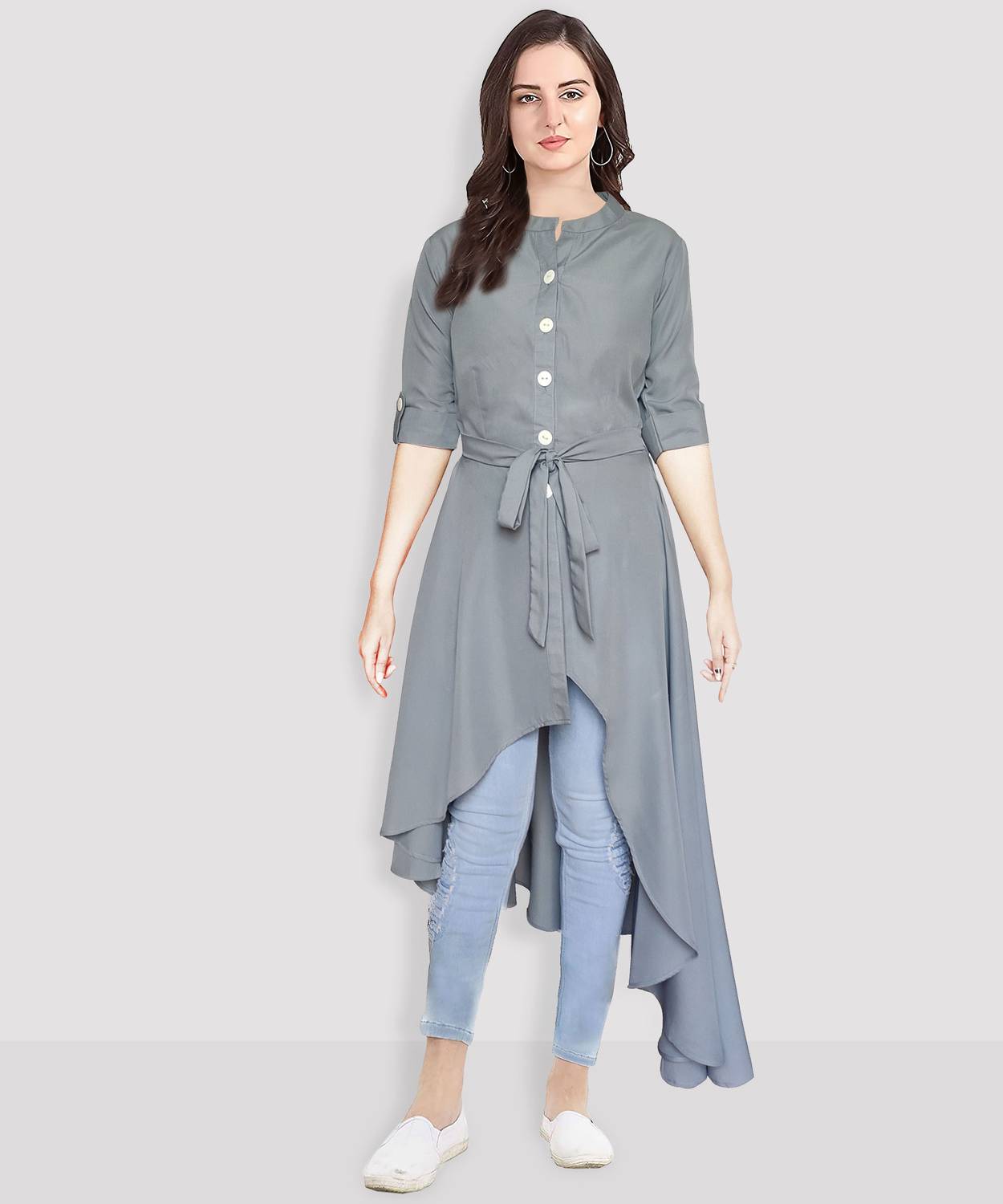 Glitter Fashion Women Solid Crepe Frontslit Kurta (Grey)