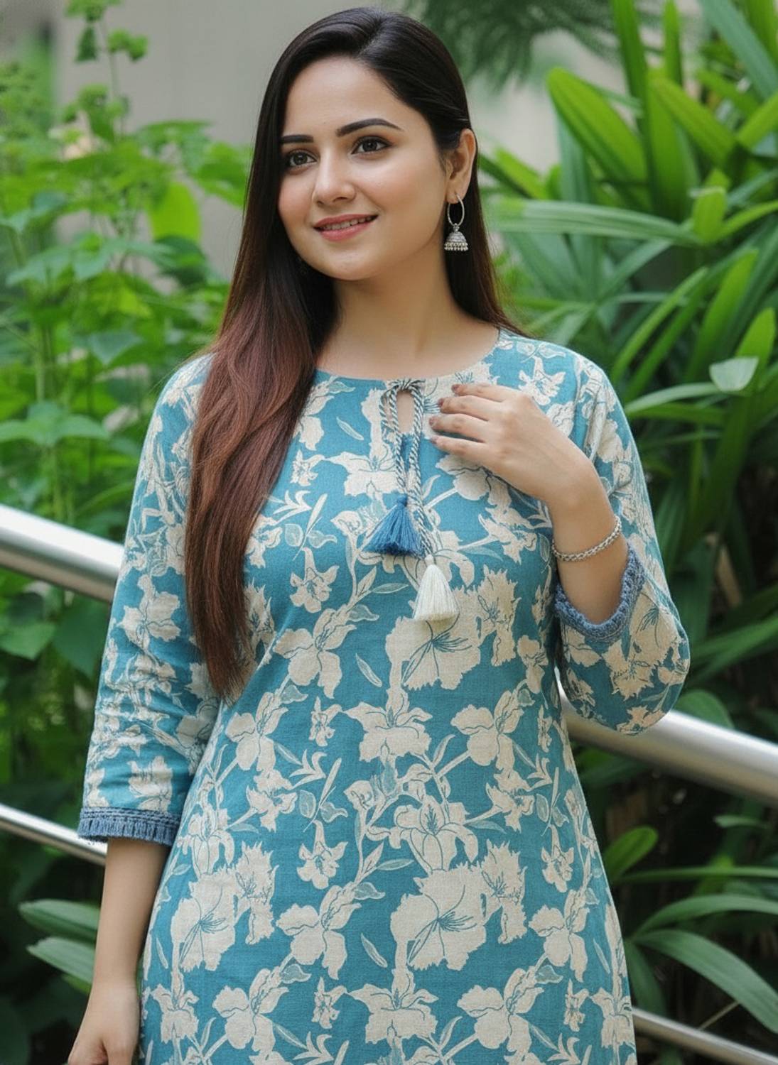 Sa Rasa Women Floral Print Viscose Rayon Straight Kurta (Blue, Wh