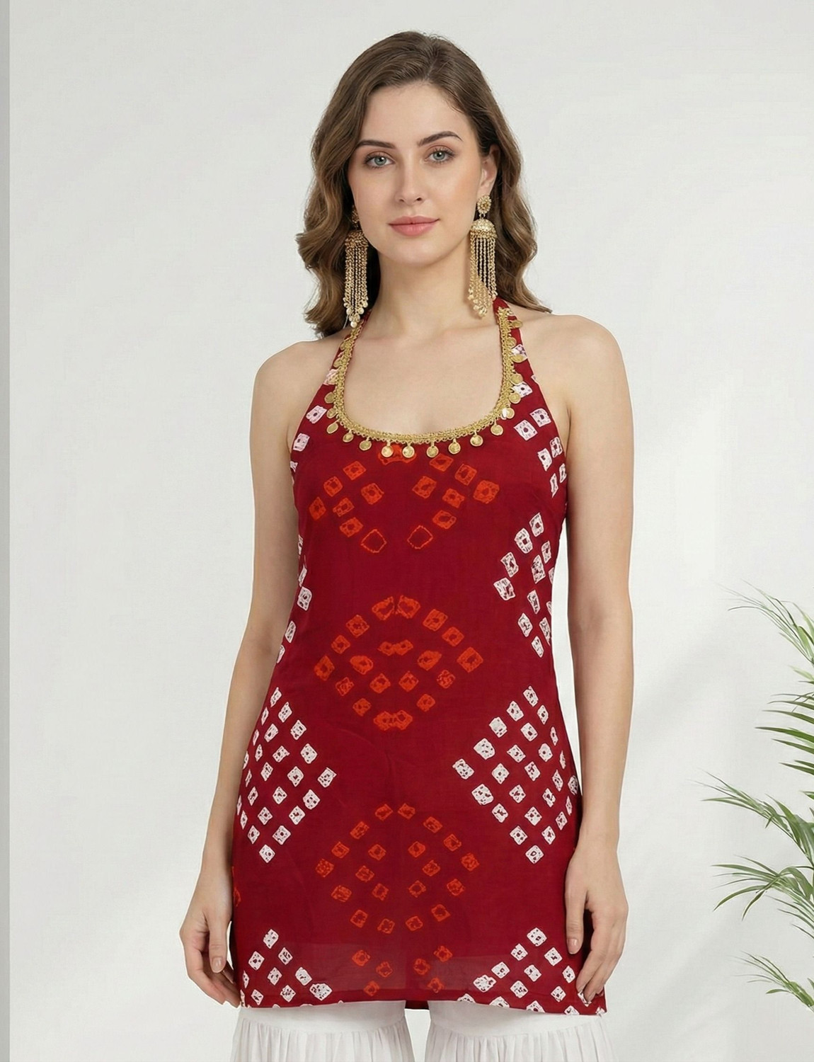 Image of Deepgarments Women Bandhani, Embellished, Printed Straight Kurta