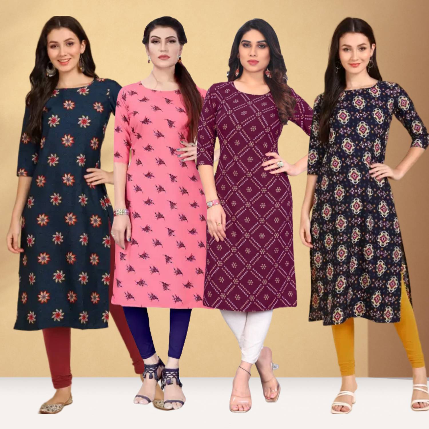 Hiral Pack of 4 Women Printed Crepe Straight Kurta (Dark Blue)