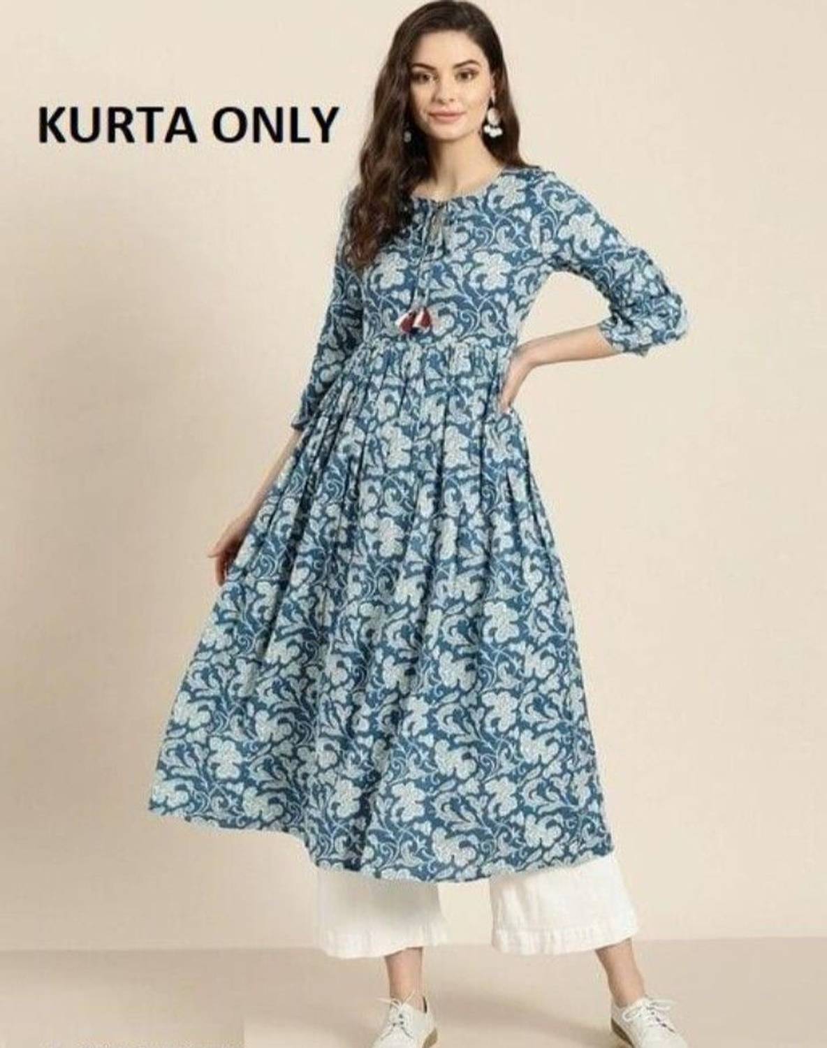 Bhawanaprint Women Floral Print Cotton Rayon Anarkali Kurta (Blue