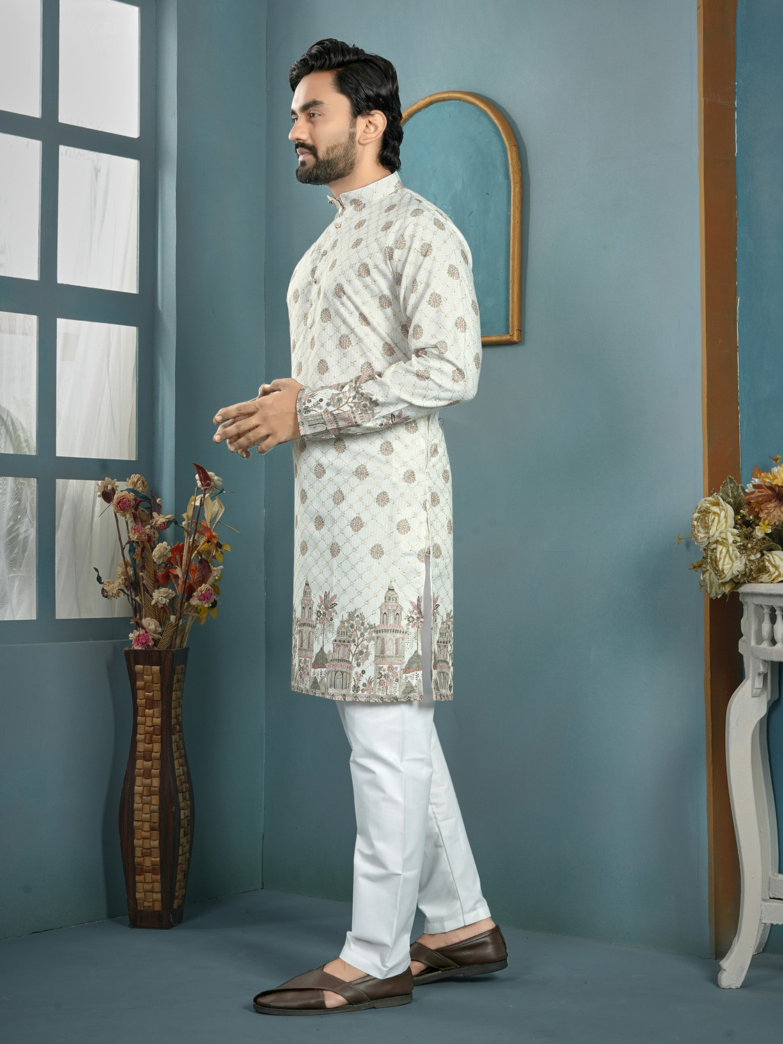 Image of CELLUX Men Printed, Floral Print Straight Kurta