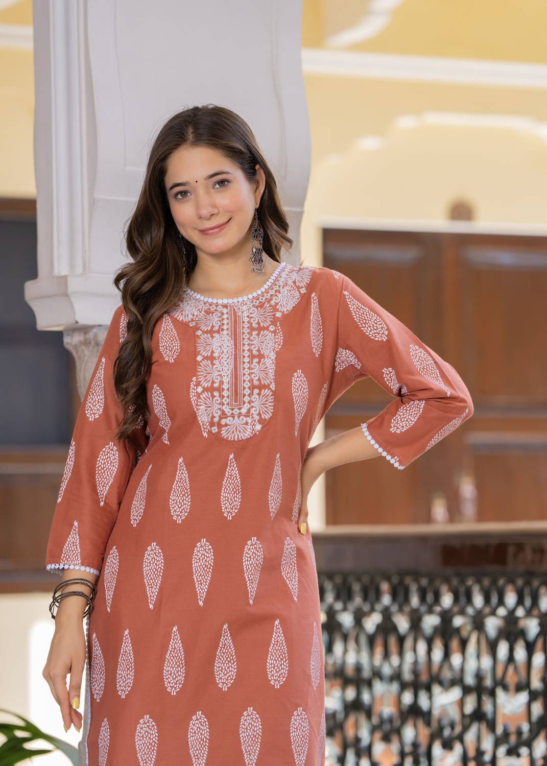 Koito Women Embroidered Pure Cotton Straight Kurta (Orange)
