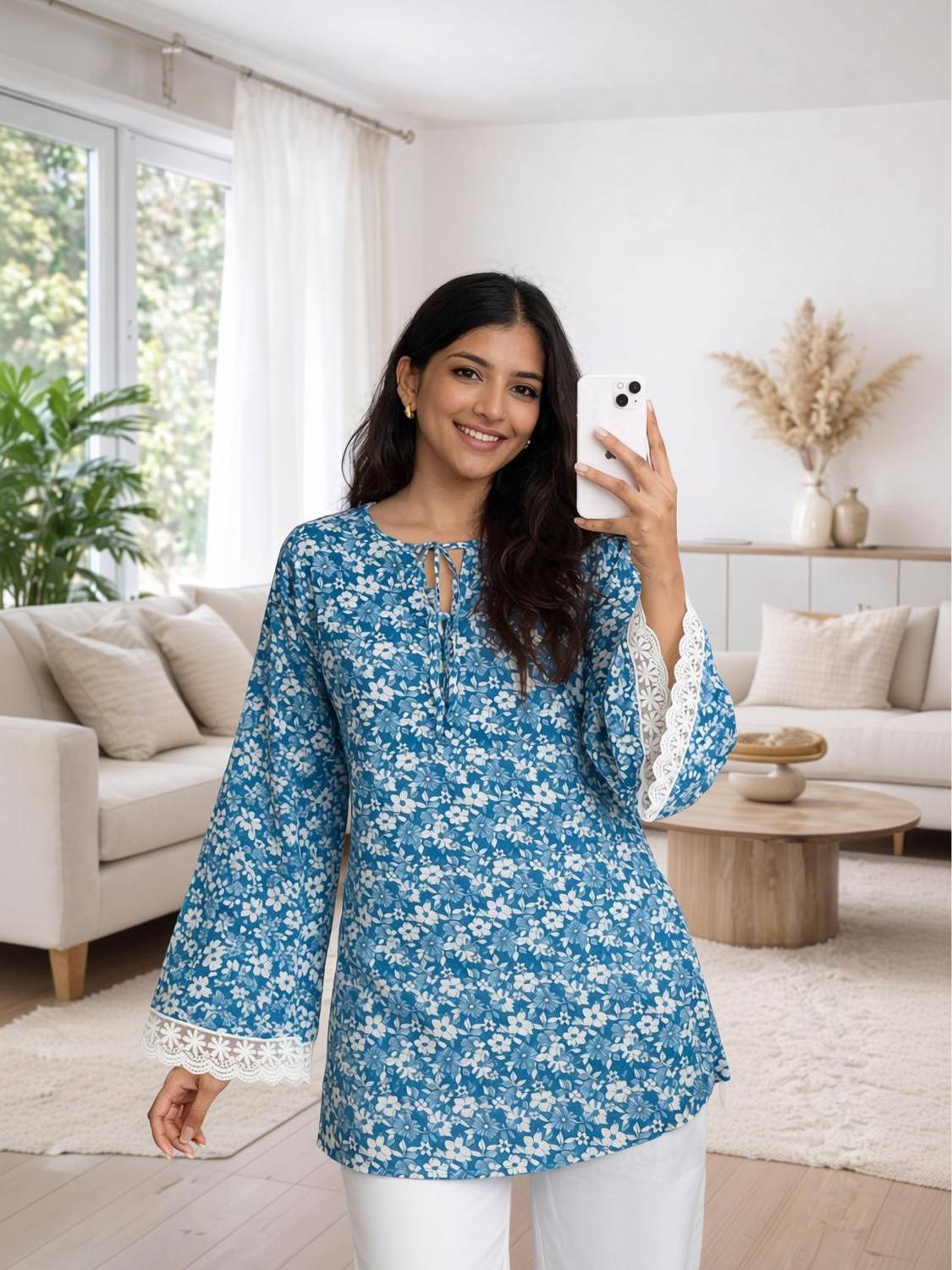 Adnika collection Casual Floral Print, Lace Women Blue Top