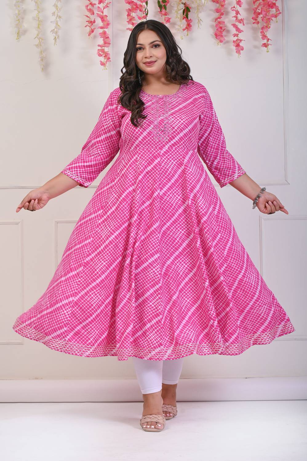 Swasti Women Leheriya Cotton Blend Flared Kurta (Pink)