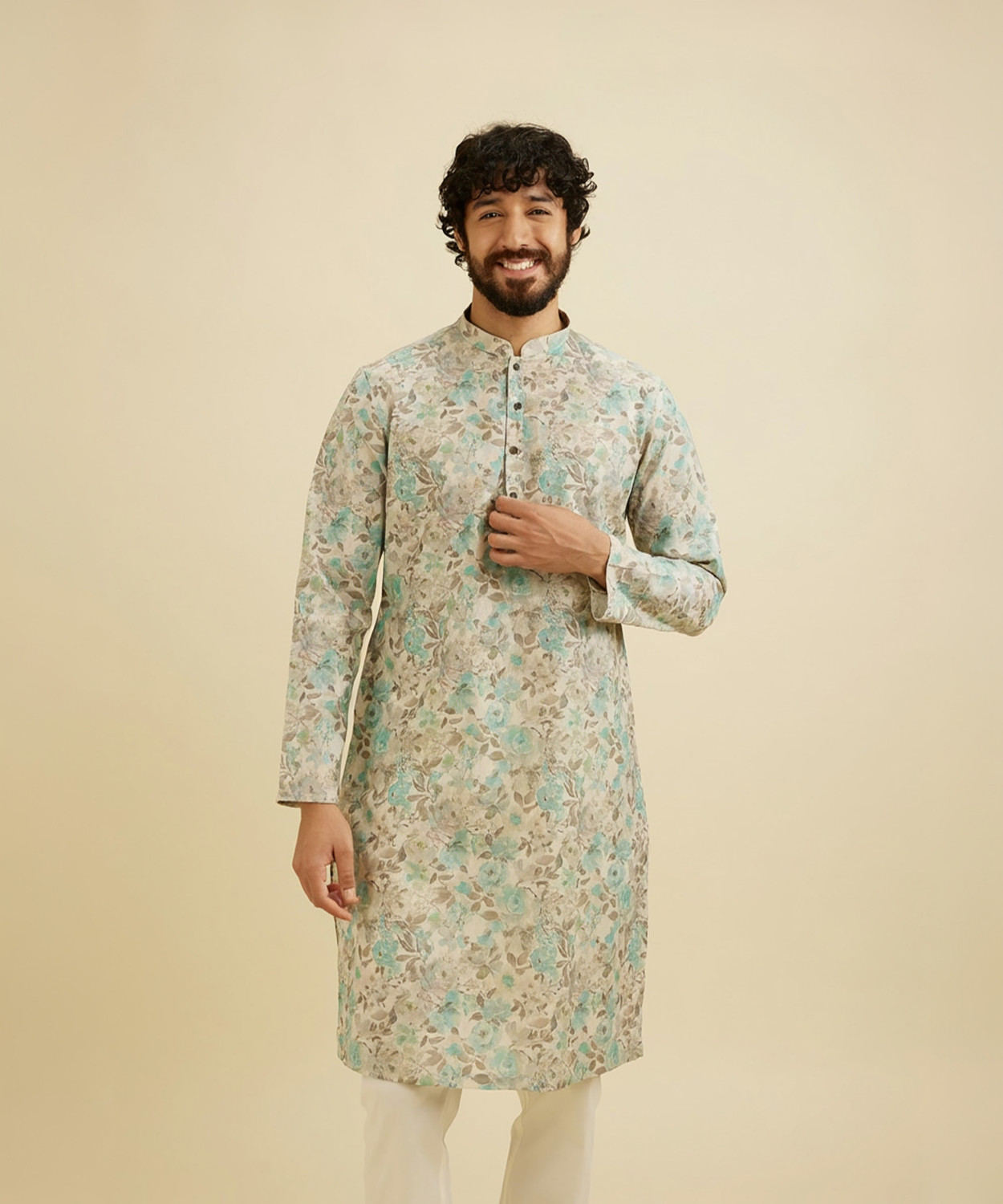 Image of MANYAVAR Men Floral Print Straight Kurta