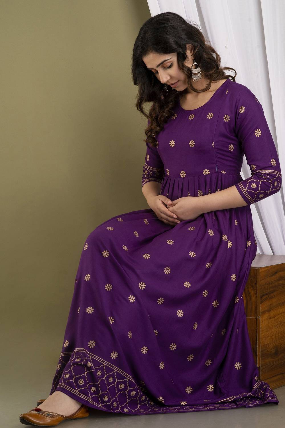 HYTEN Women Printed Cotton Rayon Flared Kurta (Purple, Gold)