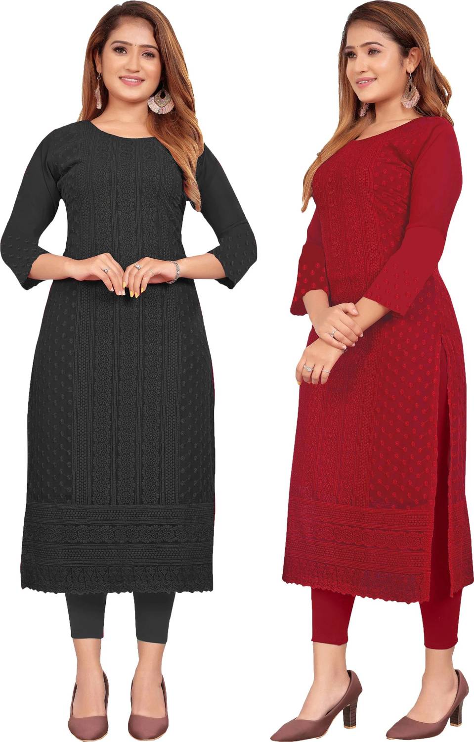KAYRAAH Pack of 2 Women Chikan Embroidery Georgette Straight Kurt
