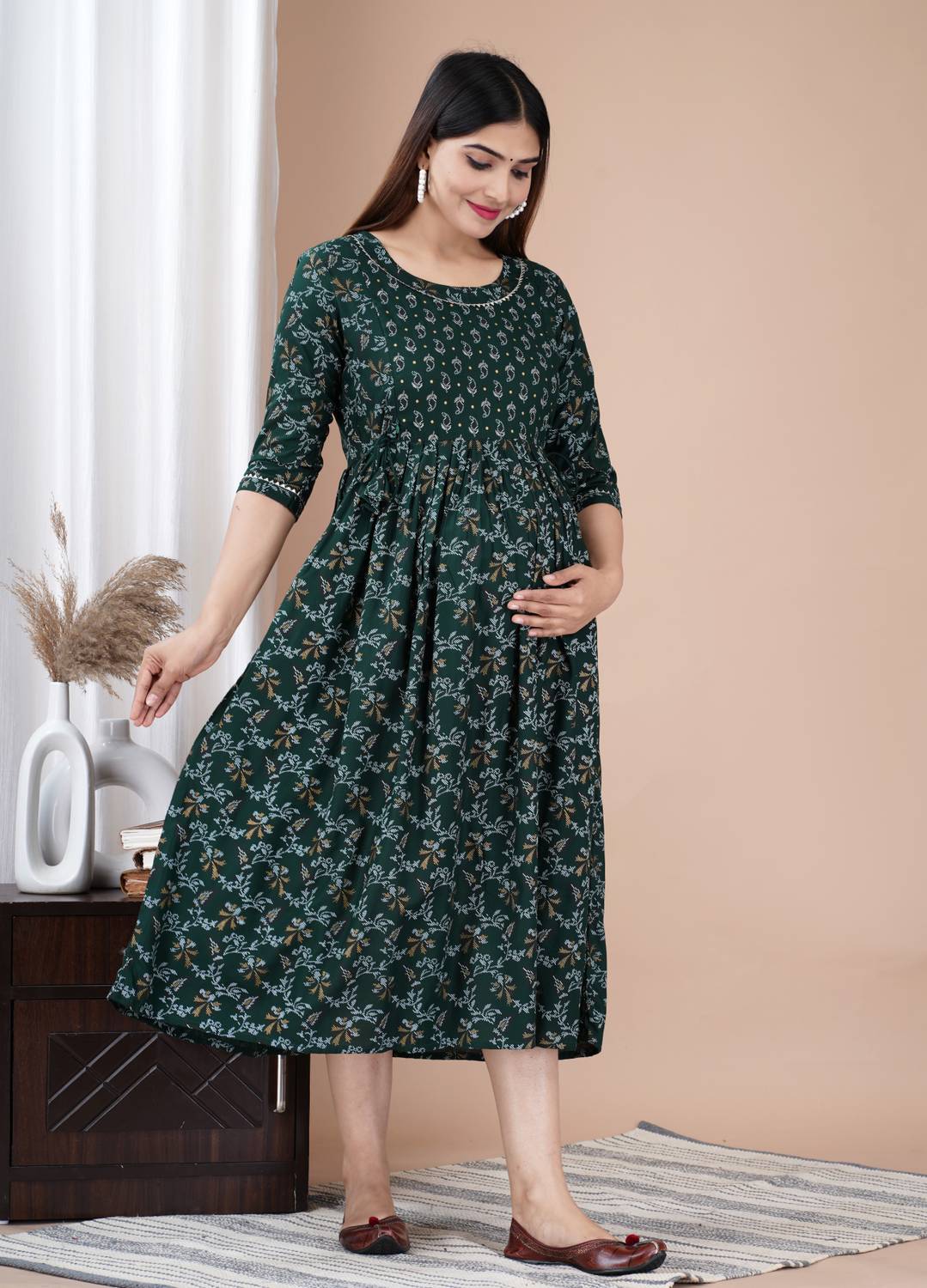 BHATRAS Women Printed Viscose Rayon Anarkali Kurta (Dark Green)