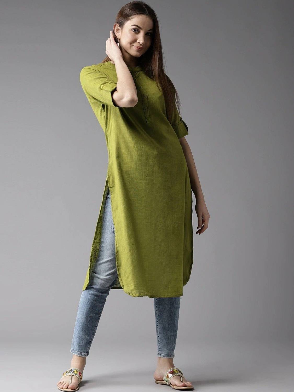 NEW STYLISH Women Solid Pure Cotton Straight Kurta (Green)