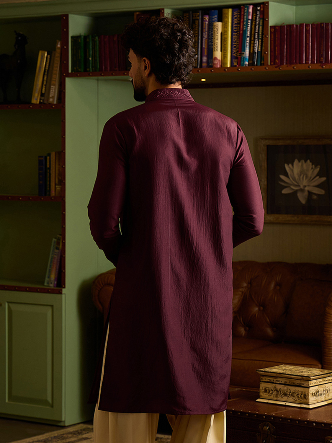 Image of CHHAAP Embroidered Silk Blend Straight Kurta for Men (Maroon)