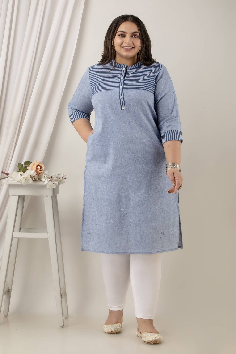 Neerupam Collection Women Striped Pure Cotton Flared Kurta (Blue)