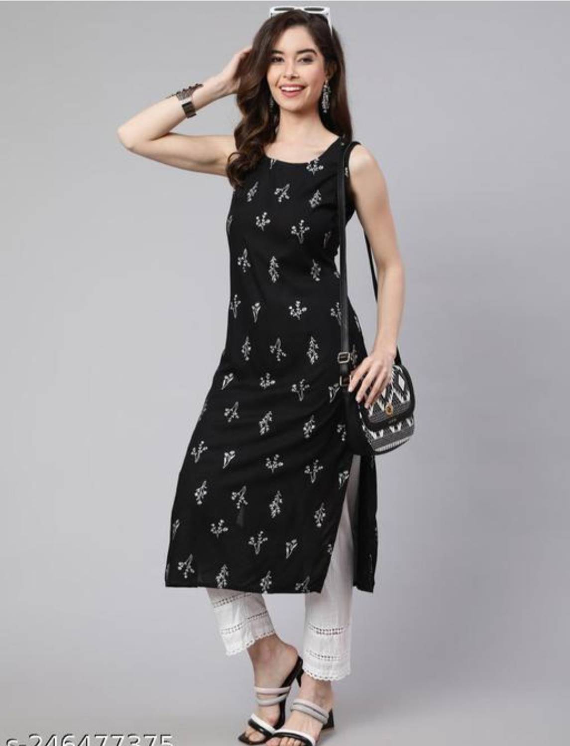 shree sawariya Women Printed Viscose Rayon A-line Kurta (Black)
