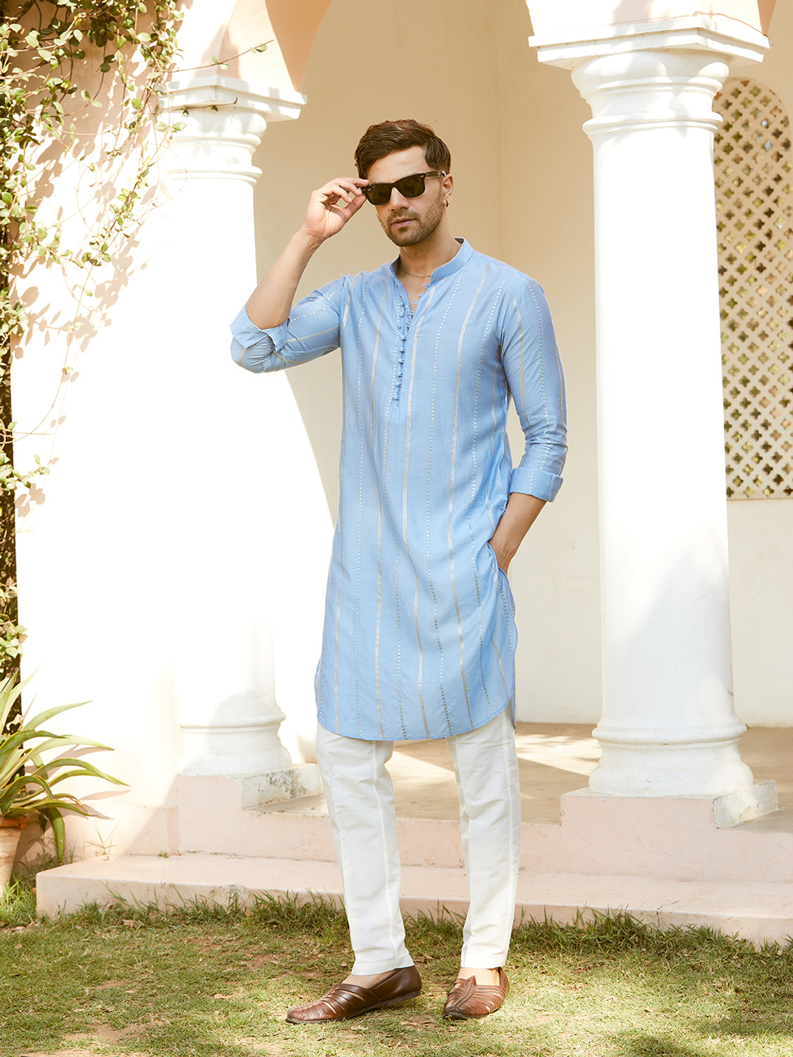 Image of See Designs Striped Pure Cotton Straight Kurta for Men (Blue)