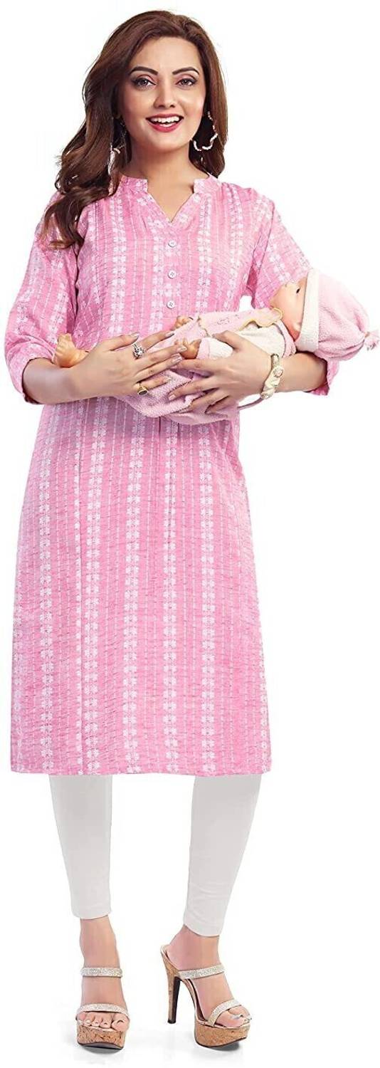 Mom&bae Women Printed, Striped Cotton Blend Straight Kurta (Pink)