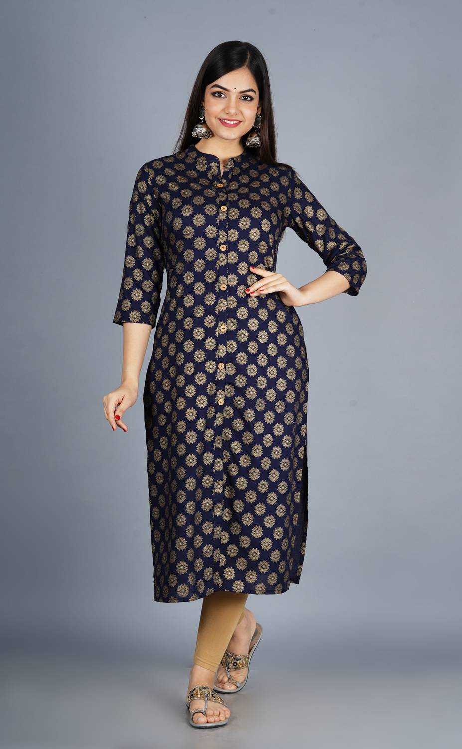 BADTHUNIA FAB Women Printed Viscose Rayon Straight Kurta (Blue)