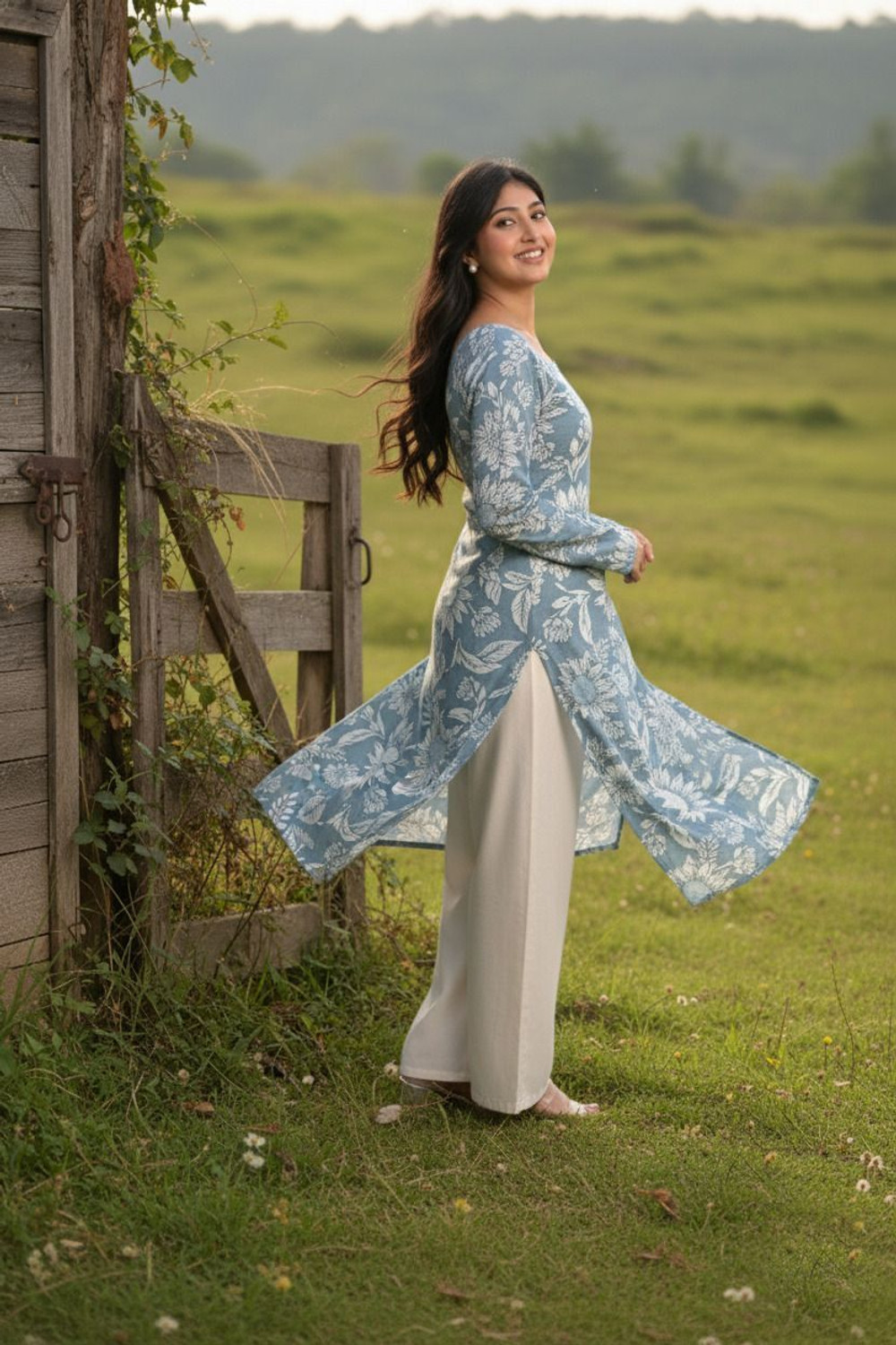 Image of CLANGER Floral Print Pure Cotton Straight Kurta for Women (Grey, Blue)