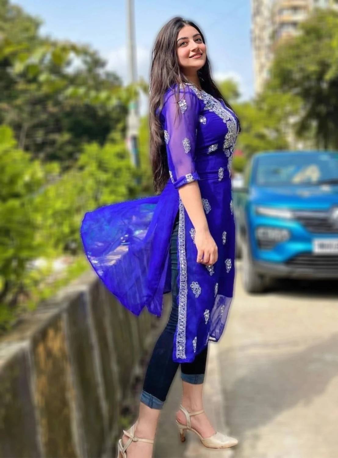 SMAfashion Women Chikan Embroidery Georgette A-line Kurta (Blue,