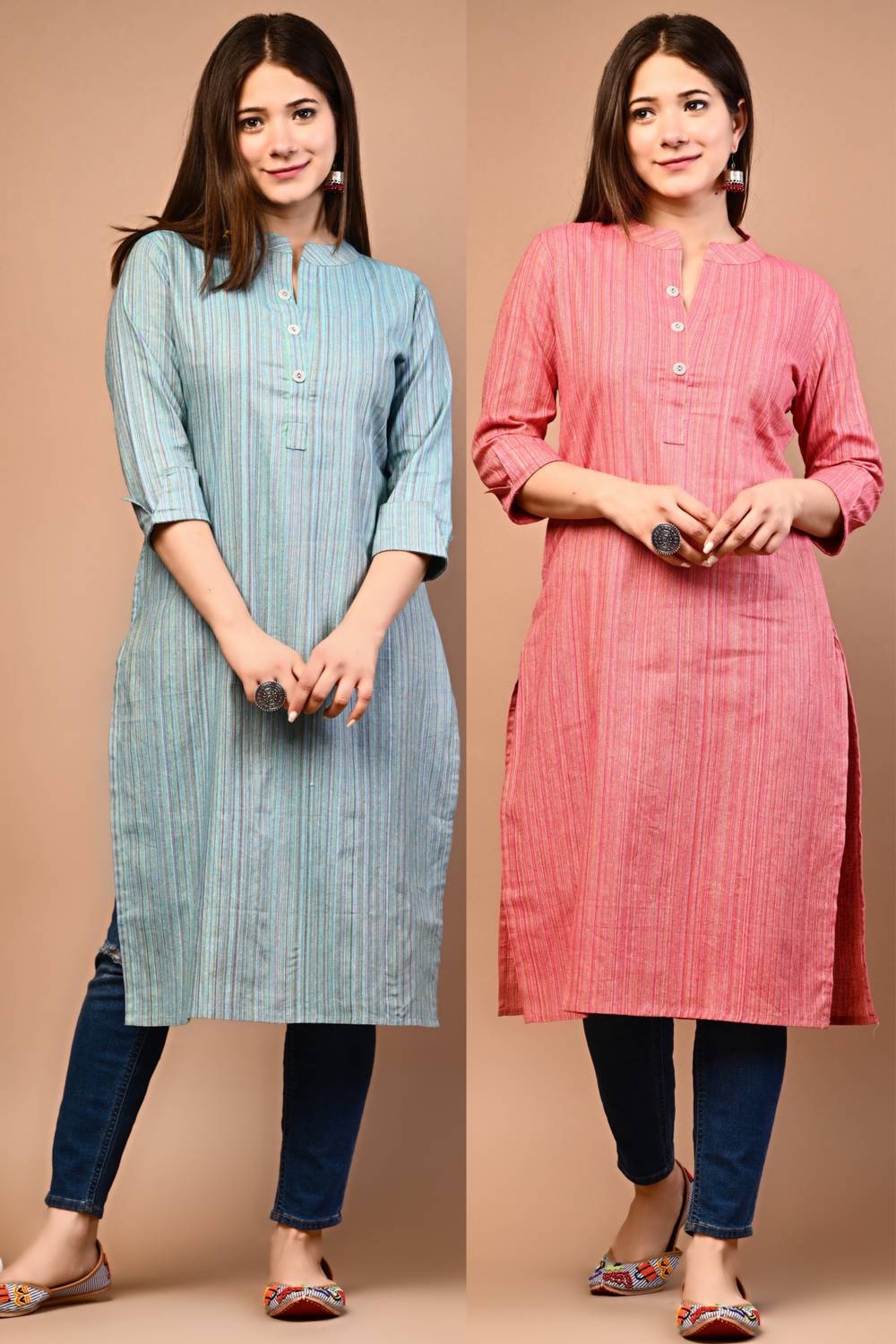 Rimeline Pack of 2 Women Striped Pure Cotton Straight Kurta (Blue