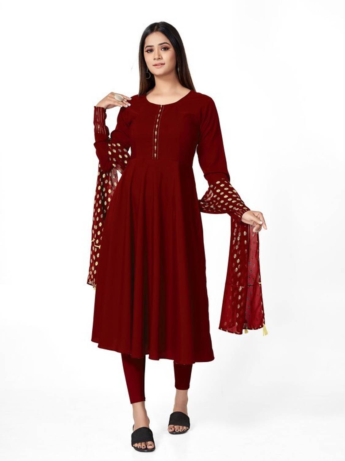 Diamoon Women Solid Crepe Anarkali Kurta With Attached Dupatta (M