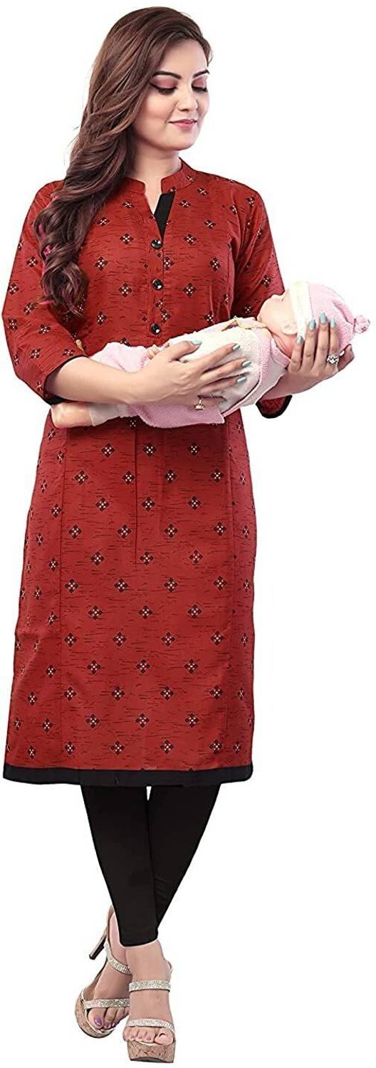 Mom&bae Women Printed Cotton Blend Straight Kurta (Maroon)