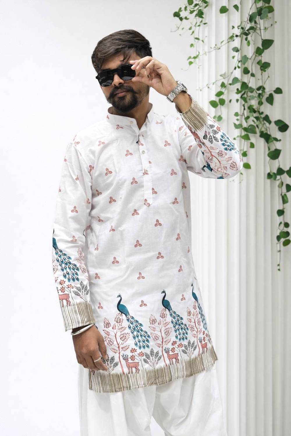 SANJU Men White Printed Straight Kurta - Image 3