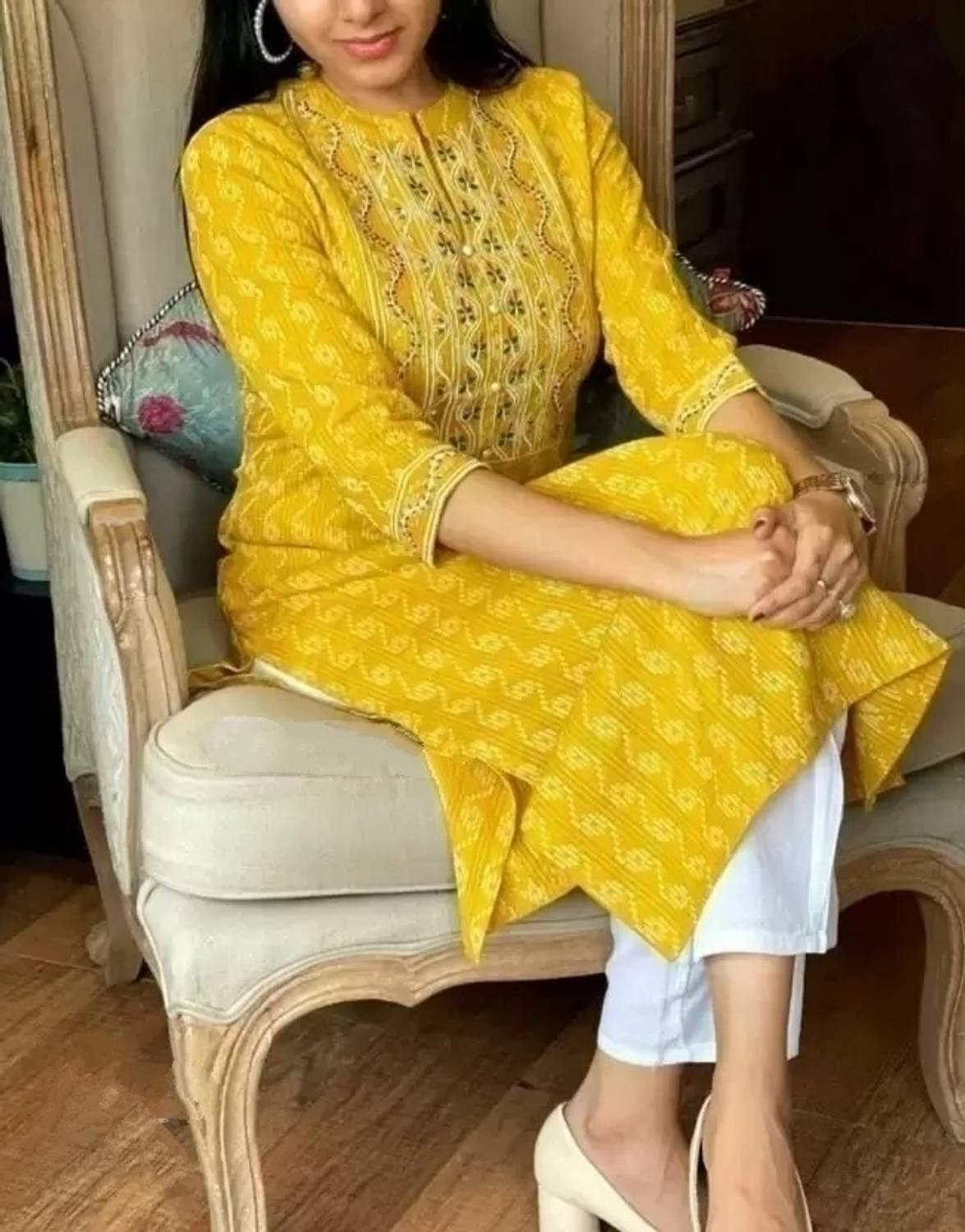 Sanwalisakhi Women Embroidered Khadi Cotton A-line Kurta (Yellow)