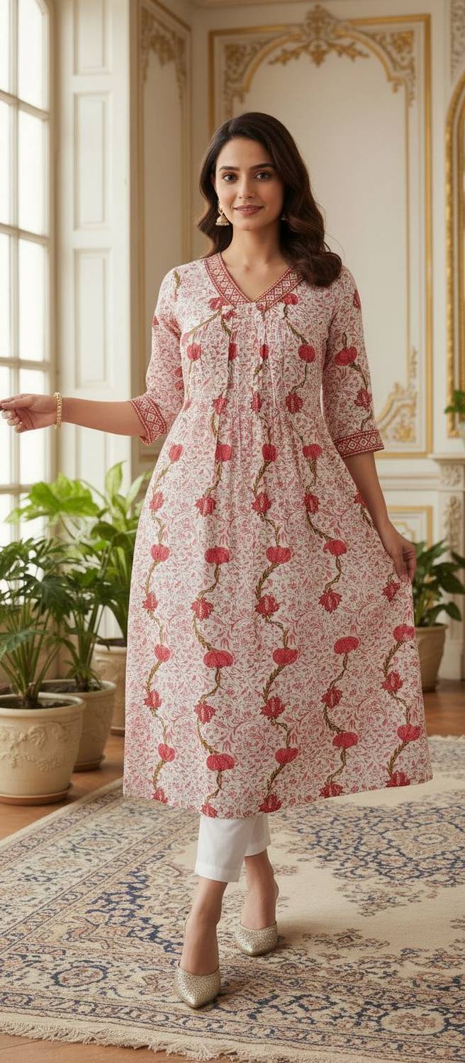 JINVARAM Women Floral Print Viscose Rayon A-line Kurta (Green, Pi